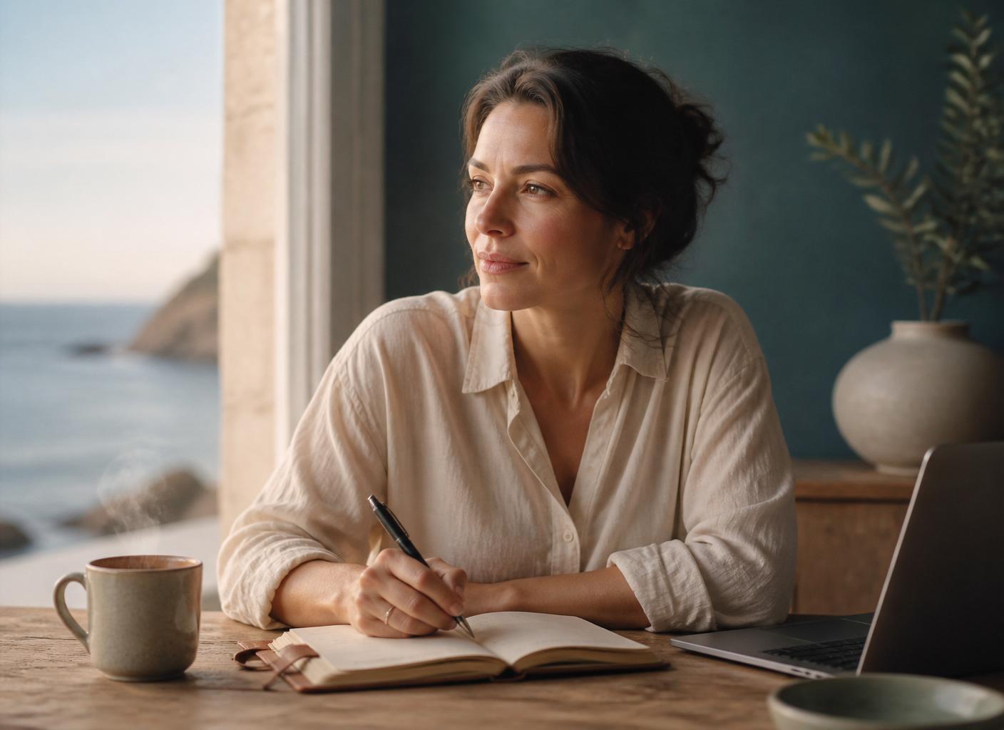 A returning professional writing at a sunlit desk.